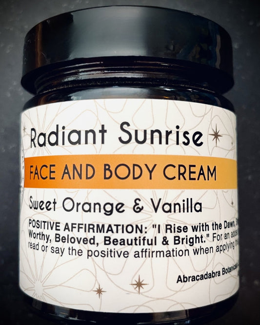 Jar of Radiant Sunrise Face and Body Cream with label on a dark background